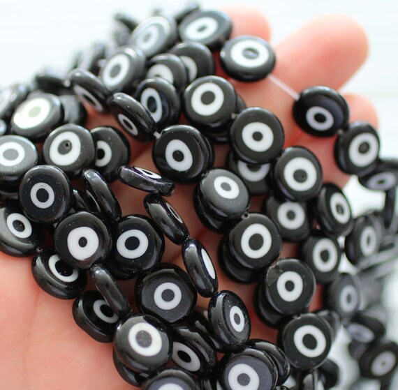 15", 30pc, 12mm evil eye beads, black evil eye, flat evil eye glass beads, good luck beads, round evil eye beads,necklace bracelet bead,EE12