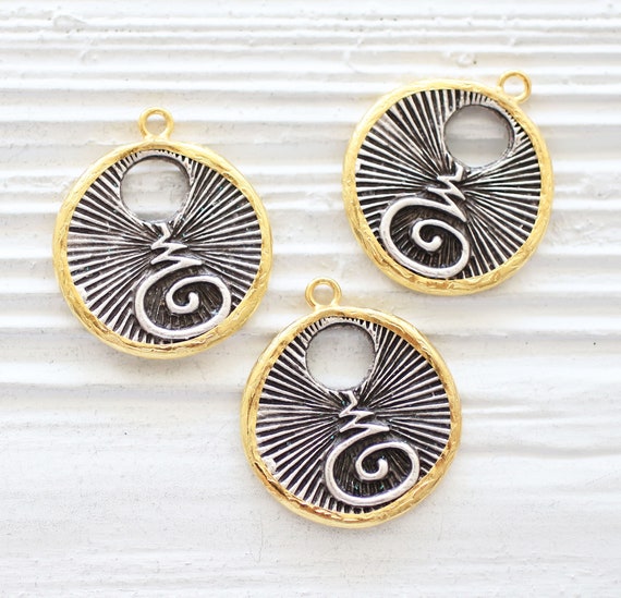 Coin pendant, earrings charms, coin charms, gold bezel pendant, spiral pendant, tribal pendant, necklace charms, just dangles,antique silver
