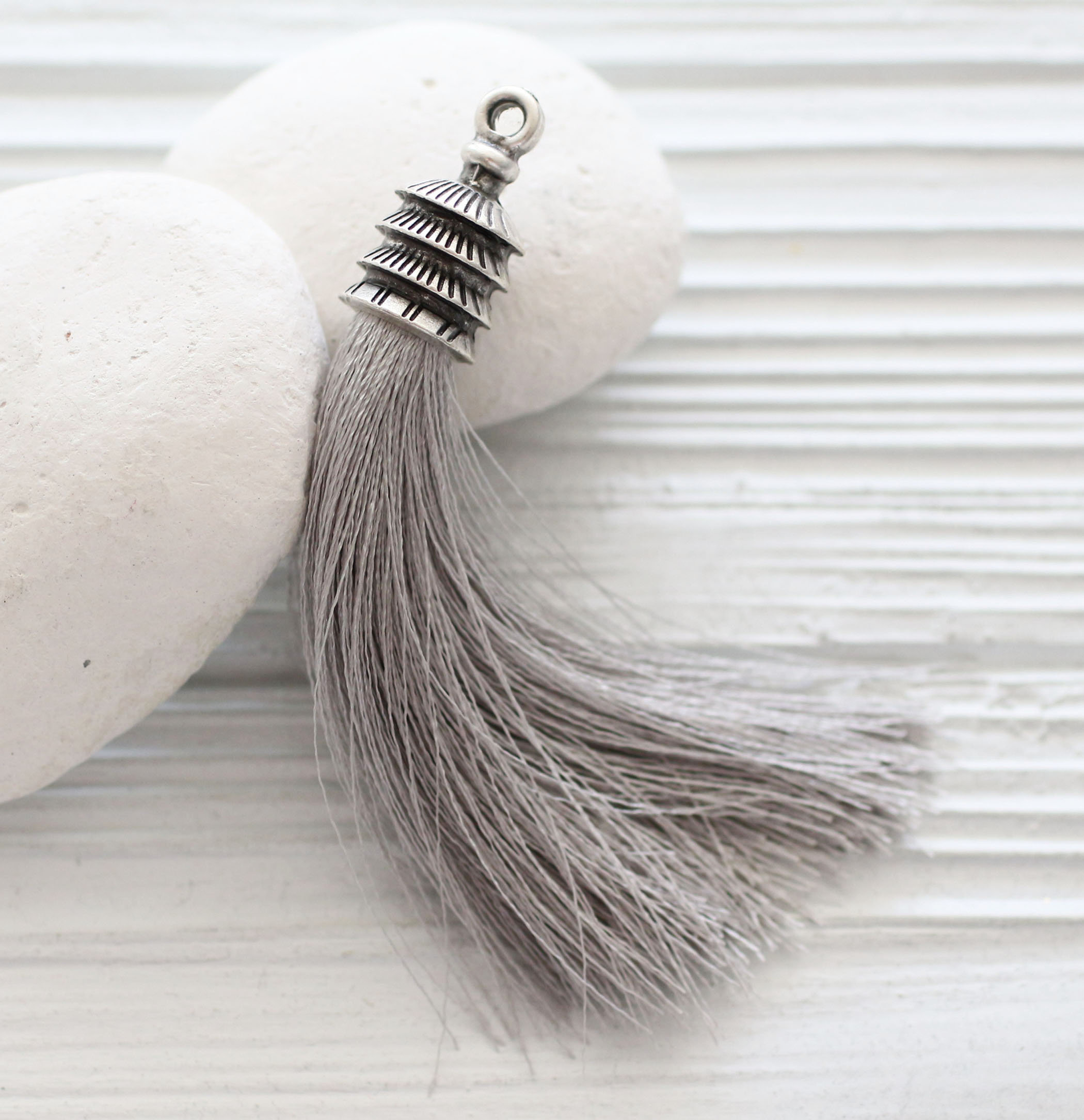 Light grey silk tassel with silver cap gray necklace tassel Etsy