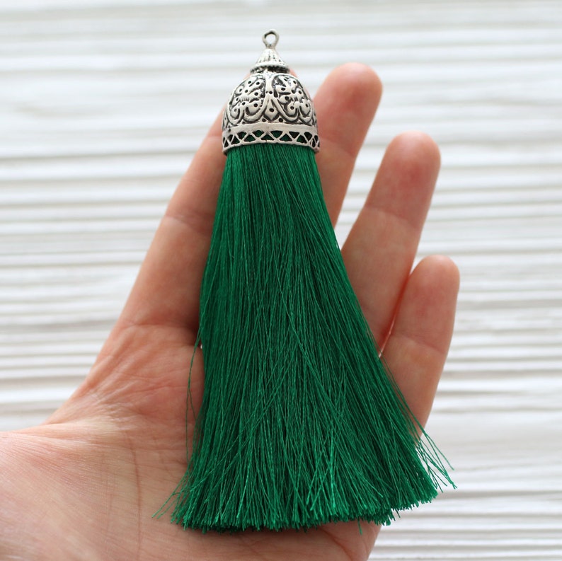 tassel emerald tassel tassel pendant silk tassel tassels necklace tassel Extra large green silk tassel with rustic silver tassel cap