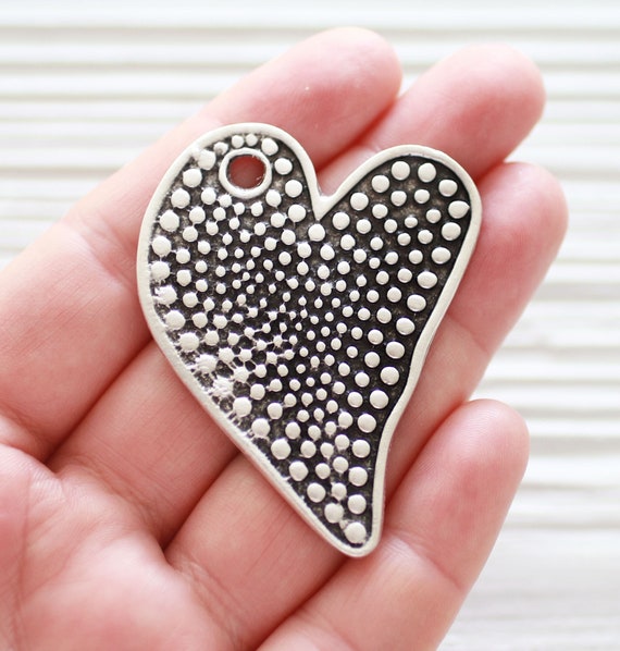 Heart pendant silver, fun pendant, Valentines day gift, large silver pendant, love pendant, large hole pendant, heart findings