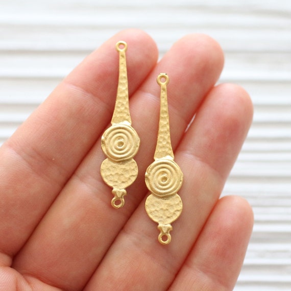 2pc gold spiral pendant, gold stick pendant, gold spike charm dangles, large metal connector, tribal, dagger, flat bar necklace connector