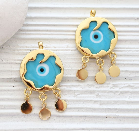 Turquoise evil eye pendant, filigree evil eye pendant dangle, ornate, evil eye findings, gold bezel evil eye jewelry, earrings charms dangle