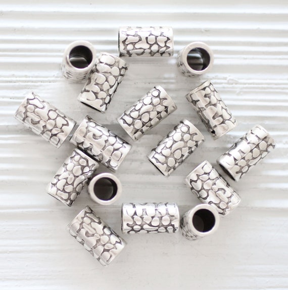 5pc silver tube beads, hammered beads, large tribal beads, rondelle beads, rustic beads, metal beads, large hole bracelet beads,spacer beads