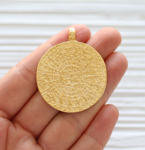 Round pendant gold, tribal pendant gold, boho pendant, metal pendants, large medallion, spiral coin pendant, gold ancient dangle pendant,R1