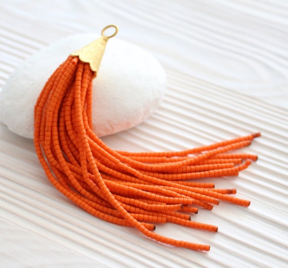 Orange beaded tassel, gold cap tassel, tassel pendant, tassels for jewelry, tribal tassel, tassel earrings, ethnic tassel, long tassel, N13