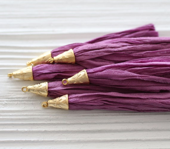 Large purple sari silk tassel, plum