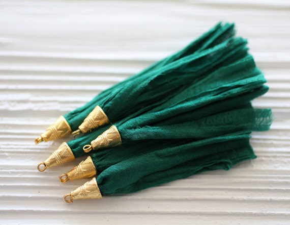 Emerald green sari silk tassel, long sari silk tassel, green sari silk, gold cap sari silk tassel, forest silk tassel, necklace tassel, N55