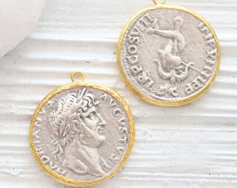 Greek coin pendant, gold coin pendant, large coin medallion, coin dangles, replica Greek coins, coin pendant gold, ancient coin pendant, N12