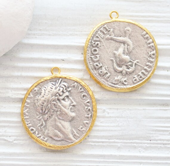 Greek coin pendant, gold coin pendant, large coin medallion, coin dangles, replica Greek coins, coin pendant gold, ancient coin pendant, N12