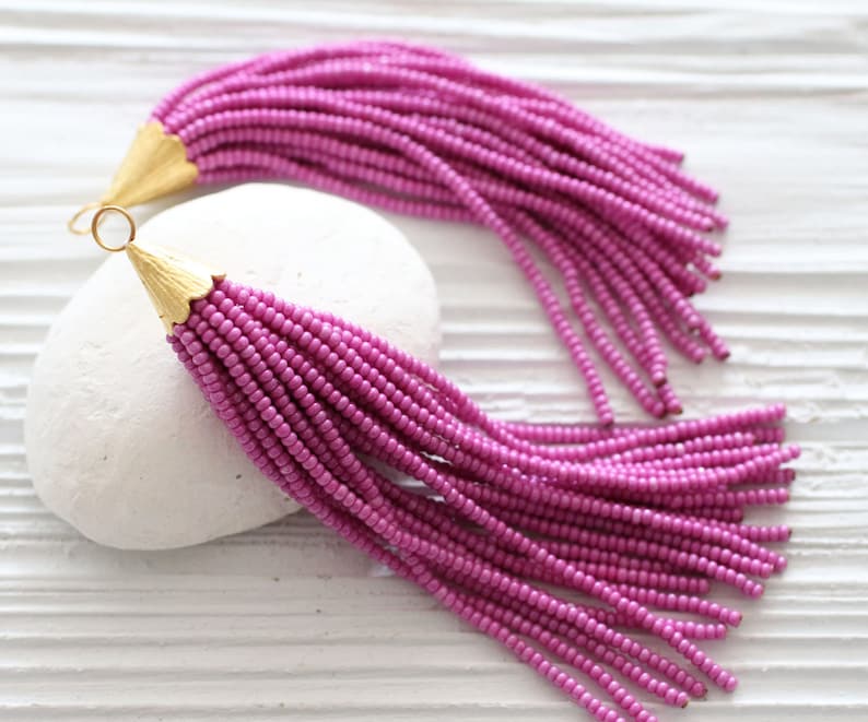 fuchsia decorative long bead tassel plum tassel necklace tassel pendant glittery N25 Magenta beaded tassel gold cap tassel