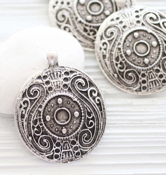 Tribal pendant silver, large round pendant, silver focal pendant, medallion pendant, large metal pendant, silver findings for jewelry