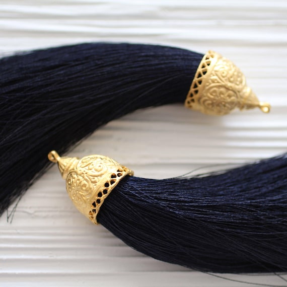 Extra large dark navy silk tassel with rustic gold tassel cap, thick silk tassel, gold cap tassel, DIY, tassel pendant, mala tassel, N17