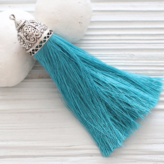 Extra large turquoise silk tassel with rustic silver tassel cap, silk tassels, blue tassel, decorative, large mala tassel, tribal tassel,N28