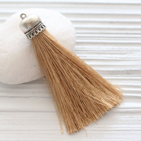 Light brown silk tassel with silver cap, latte brown tassel pendant, camel, taupe, wheat, tan, jewelry tassels, silk tassel, honey, N34