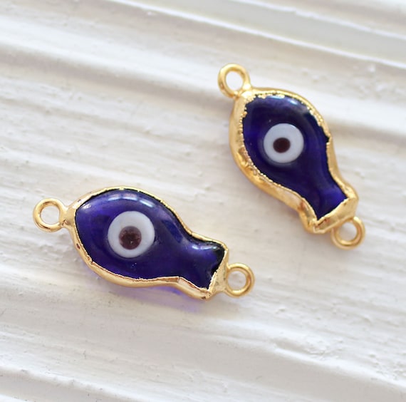 2pc evil eye connector, navy blue, fish charm, glass beads, earrings charms, bracelet connector, gold, necklace dangle, animal findings