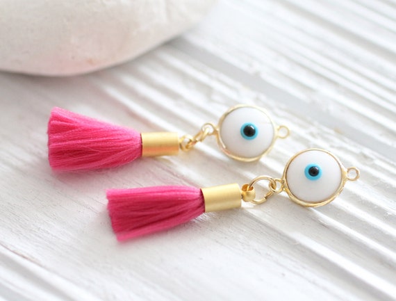 2pc hot pink tassel pendant with evil eye, fuchsia, evil eye pendant, earring dangle, tassel findings, white evil eye, good luck charms