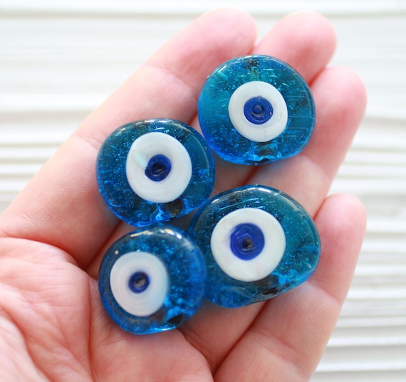 4pc aqua blue evil eye beads, chunky evil eye beads for jewlery, flat glass beads, lamp work beads, organic shaped glass beads