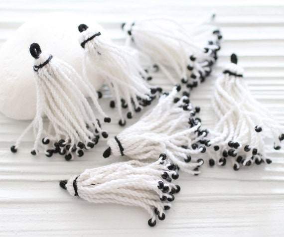 White tassel with black glass beads, earrings tassel, tassel pendant, short white tassel, optic white tassel, necklace tassel, cotton mix,N4