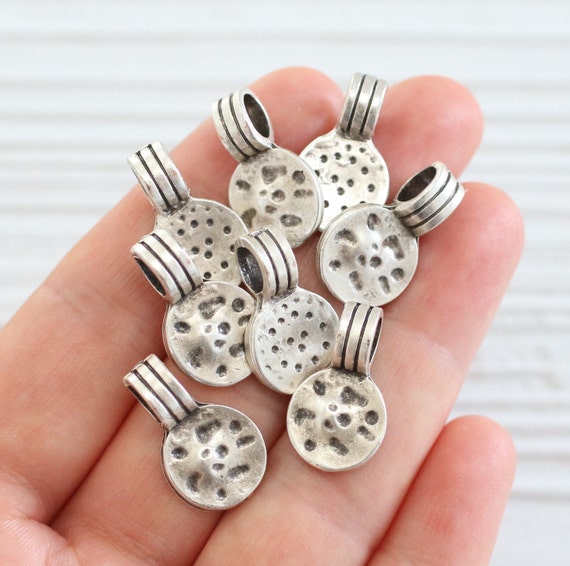 5pc large silver tribal charms, round disc, tribal pendant, bracelet charms, earrings dangle, silver metal beads, large hole silver beads,