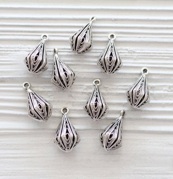2pc drop charms silver, filigree charms silver, teardrop charms, chandelier earrings findings, dangles, filigree findings, necklace charms