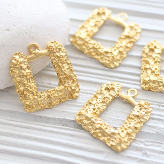 Matte gold flower pendant, earrings pendant, just dangles, square pendant charms, hammered pendant, gold findings, necklace pendant