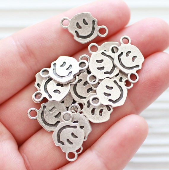 10pc smiley face charm connector, bracelet connectors, necklace charms, fun charms, earring charms, just dangles, bracelet charms silver