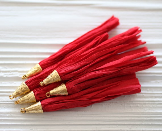 Red sari silk tassel, long earrings tassel, red sari silk, gold cap sari silk tassel, silk tassel, jewelry tassel, red necklace tassel, N27