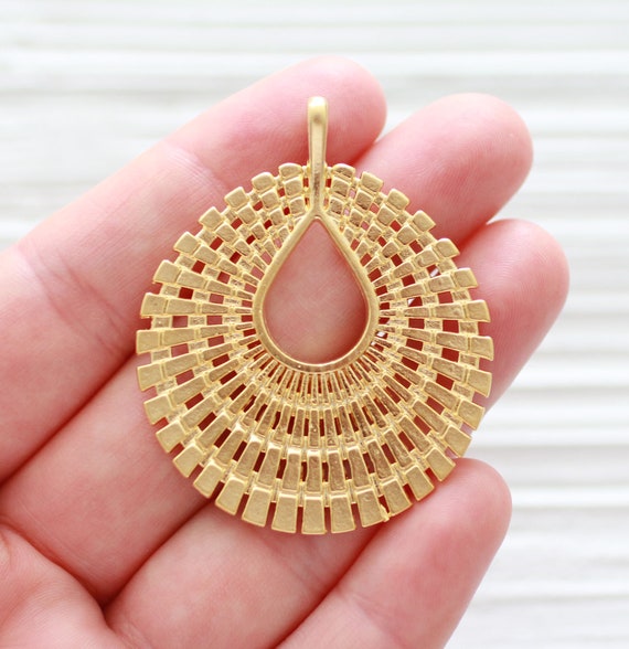 Teardrop pendant gold, filigree earrings hoop, chandelier pendant dangle for necklaces, drop shaped embellished charms