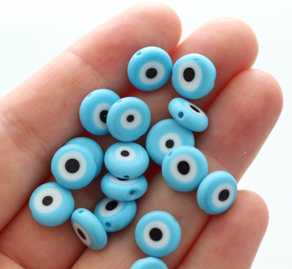 15", 36pc, 10mm turquoise evil eye beads, lamp work evil eye, glass beads, blue evil eye, handmade glass bead, round bracelet beads, EE10
