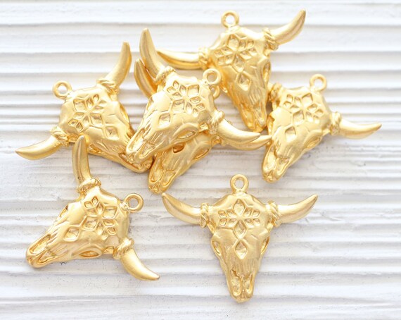 Gold bull pendant, longhorn, ornate bull skull pendant, tribal bull pendant, animal pendant, bull necklace focal pendant, earrings charm