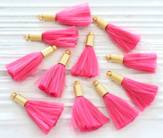 2pc fuchsia pink tassel with gold cap, dangle tassel, tassel pendant, dark pink tassel, jewelry tassels, magenta, mini necklace tassel, N62