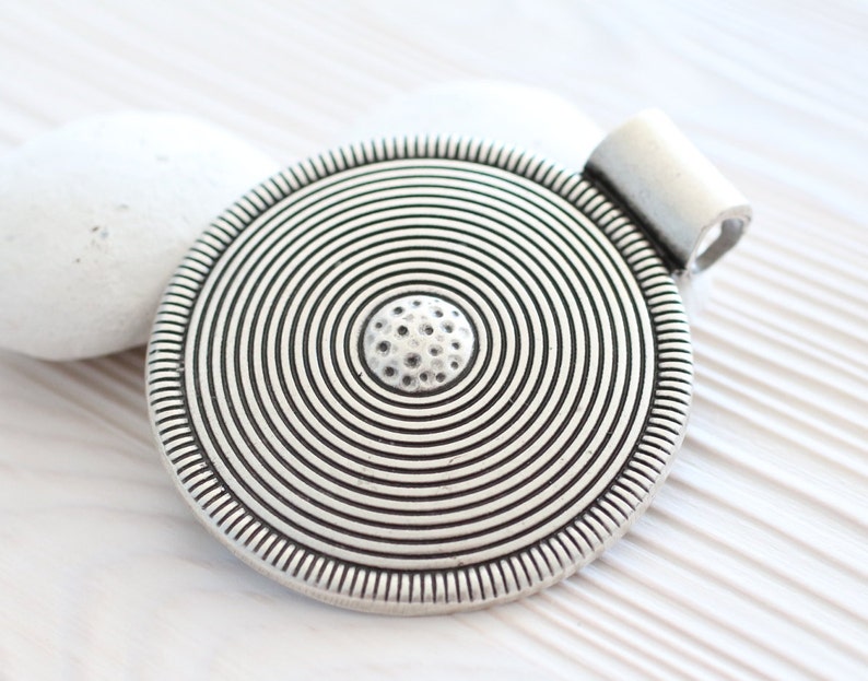 Large tribal pendant, silver medallion, spiral pendant, large hole pendant, round pendant silver, large pendant, large metal focal pendant image 3