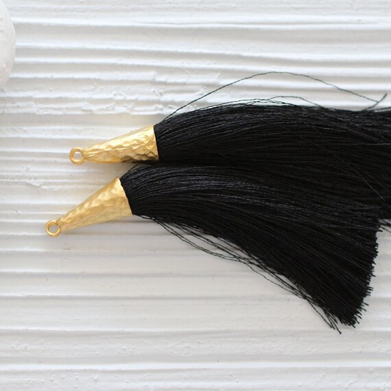 Black tassel, gold cap black silk tassel, large tassels, tassel pendant, gold tassel cap, jewelry tassels, silk necklace mala tassel, N8