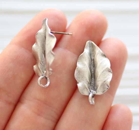 2pc leaf earrings stud set silver, earring studs silver, stud earrings, studs set, studs with loop for charms tassels, silver studs