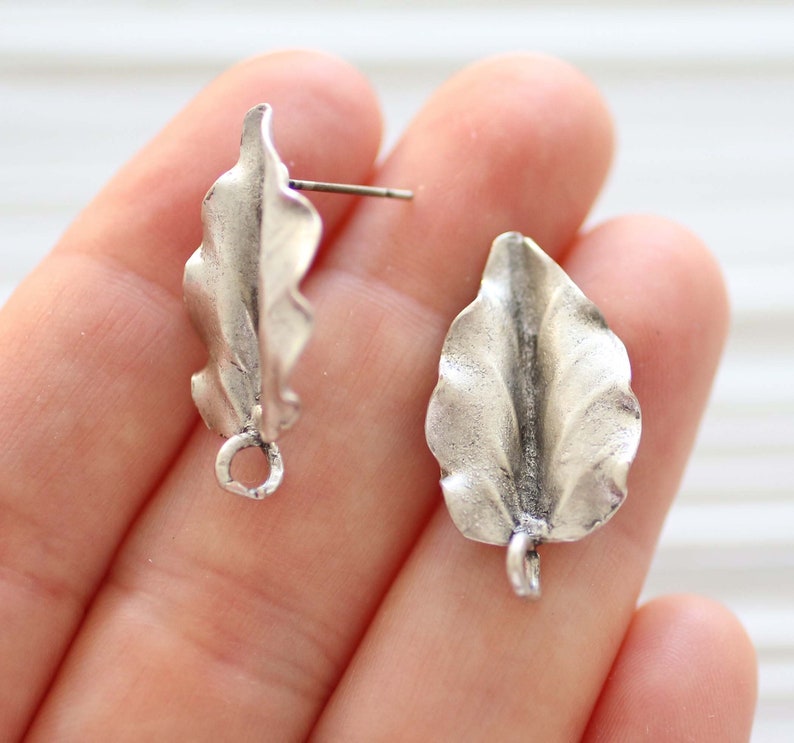 2pc leaf earrings stud set silver, earring studs silver, stud earrings, studs set, studs with loop for charms tassels, silver studs image 1