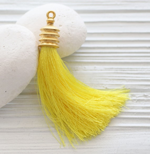 Bright yellow tassel, silk tassel with gold cap, yellow tassel, long silk tassel, tassel pendant, decorative,necklace tassel, pagoda cap,N41