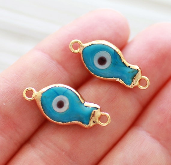 2pc evil eye connector, turquoise blue, fish evil eye charm, glass beads, earrings charms, gold, necklace dangle, animal charm