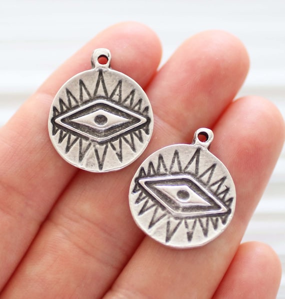 2pc silver evil eye pendant, earrings charms, evil eye charm dangle, good luck charms, necklace charms, metal beads with evil eye symbol