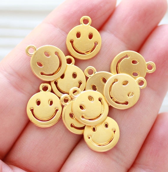 10pc smiley face charm gold, bracelet charms, necklace charms, fun charms, earring charms, just dangles, bracelet charms gold