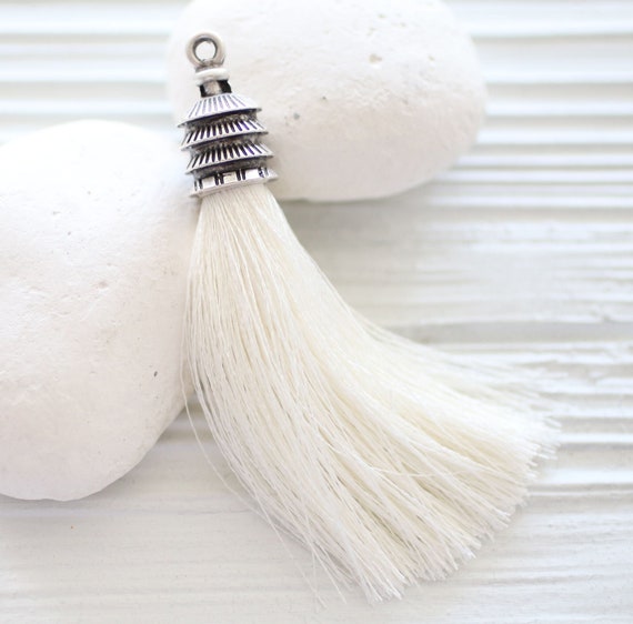 Silver cap ivory silk tassel, long silk tassel, silk tassel pendant,off white silk tassel,jewelry tassels,decorative tassels,pearl tassel,N2