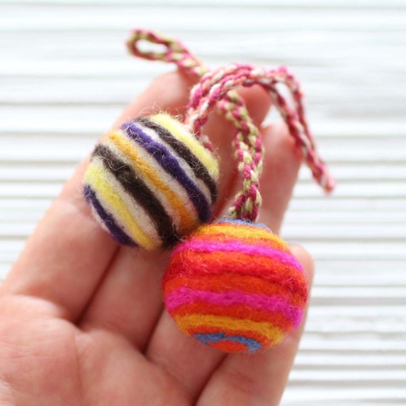 Pom pom charm, striped felt pom poms with hanger, detachable handbag charm, multicolor pom poms for keychains purses, pom pom decor
