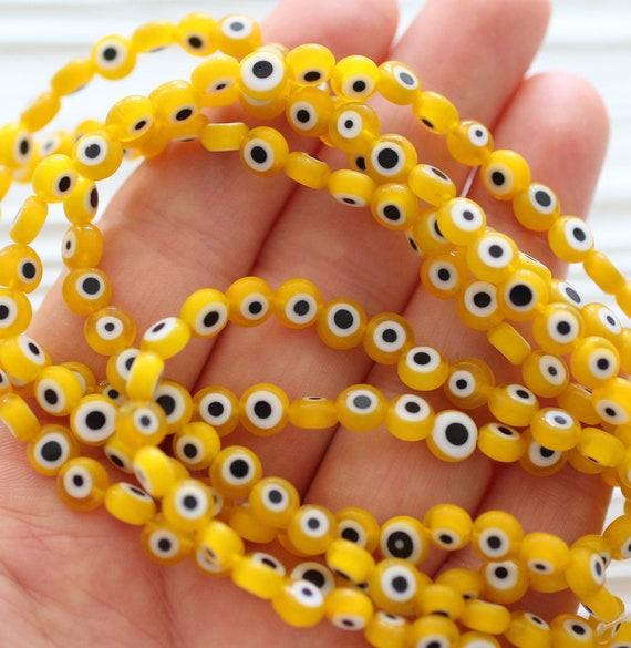 15", 65pc, 6mm yellow evil eye beads, lucky evil eye bracelet beads, yellow flat glass beads, necklace beads, round evil eye beads, DIY, EE6