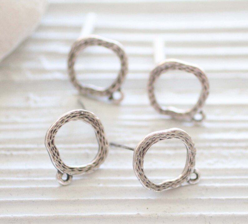 2pc earrings stud set, silver earring studs, round stud earrings, studs set, studs with loop for charms tassels, silver plated studs image 2