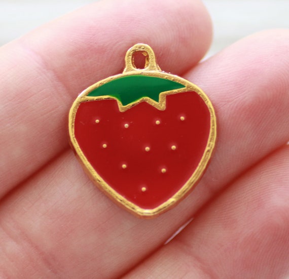 Strawberry charm, Summer charms, gold, necklace, bracelet, earrings charm, enamel fruit pendant, strawberry pendant