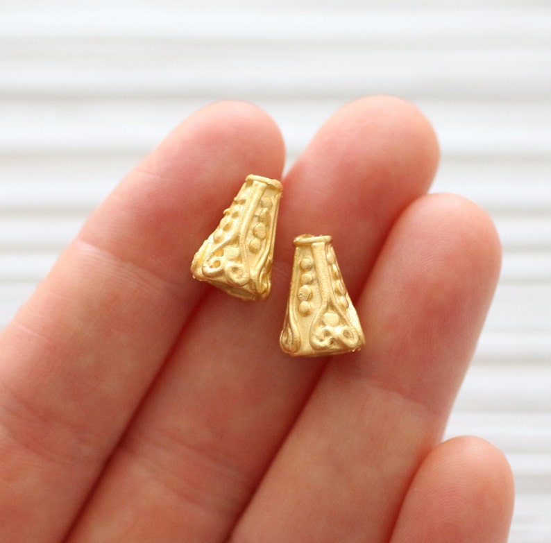 2pc gold tassel cap, bead caps, matte gold, mini bead cones, end caps, mini tassel cap, earrings findings, embellished tassel cap, ornate image 3