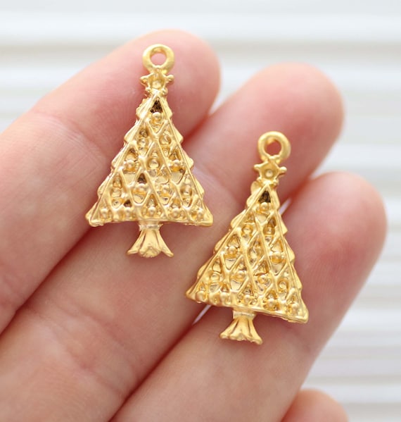 5pc Christmas tree charm, Christmas jewelry charms, Christmas charms gold, earring charms, tree charm bracelet, necklace, gold charms