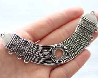 Silver collar necklace, tribal crescent, large metal collar, collar pendant, multi strand silver crescent connector, crescent moon with bail