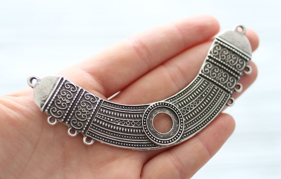Silver collar necklace, tribal crescent, large metal collar, collar pendant, multi strand silver crescent connector, crescent moon with bail