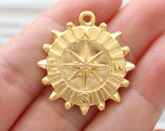 Gold compass pendant, gold round pendant, necklace dangle pendant, earrings charm, compass charm, circle pendant, geometric pendant